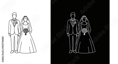 Line art illustration of a bride and groom presented in positive and negative contrast