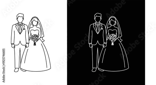 Line art depiction of a bride and groom shown in positive and negative formats
