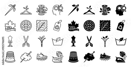 Sustainable fashion and eco textile icons merging tailoring tools with organic leaf elements representing ethical manufacturing and circular economy