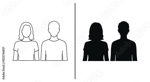 Two pairs of human silhouettes one outlined one solid black side by side