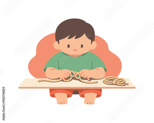 Sweet child practices tying knots with rope on a table, loops forming slowly, hands focused, spare cord nearby waiting calmly now