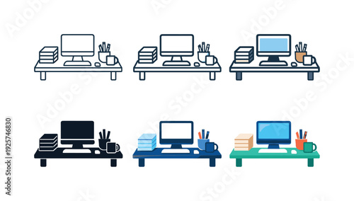 Business workspace icon showing a desk with a computer, documents, and office supplies, symbolizing professional environment,