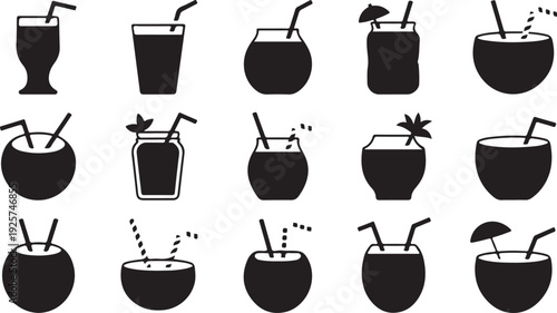 Fifteen black of tropical drinks and cocktails in a grid on a white background coconut juice