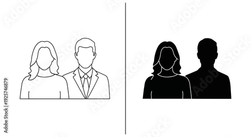 Two pairs of figures one outlined one silhouetted depicting a man and a woman