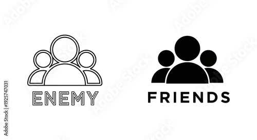 Enemy versus friends a conceptual illustration of opposing groups in black and white