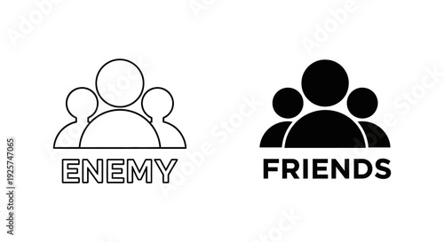 Two groups of people icons labeled enemy and friends in contrasting styles