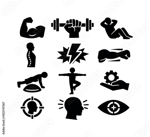 Strength Training Icons. Solid vector icons of strength training workout: muscle, flex, grip, core, posture, alignment, power,
