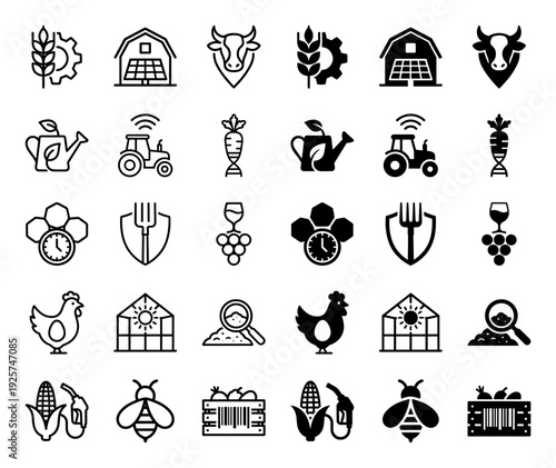Modern agricultural and smart farming icon set featuring hybrid symbols of biotechnology sustainable energy rural machinery and organic food production