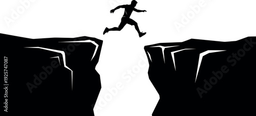 Silhouette of a person jumping over a deep chasm