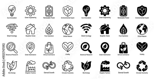Modern Sustainable Icon Set Featuring Hybrid Eco Symbols Merging Nature Elements with Industrial Engineering and Renewable Energy Concepts in Line and Solid Styles