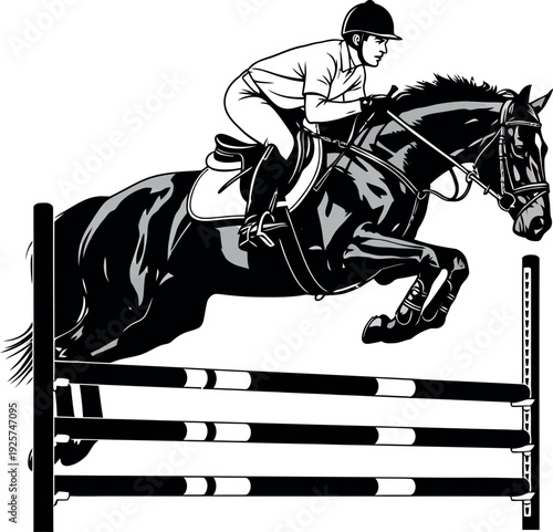 Equestrian silhouette of a rider on a horse jumping over an obstacle