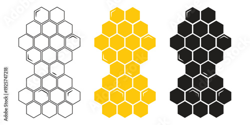 Honeycombs icons set. Honeycomb black and yellow symbol. Sweet nature food icon honey concept. Isolated on a white background. Flat design. Editable stroke. Vector illustration.