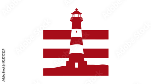 A tall, stylized lighthouse with red and white stripes, set against a white backdrop with horizontal red bars