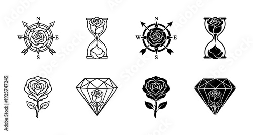 Collection of hybrid rose icons merging floral elements with a compass, hourglass, heart, and diamond in black line and solid styles