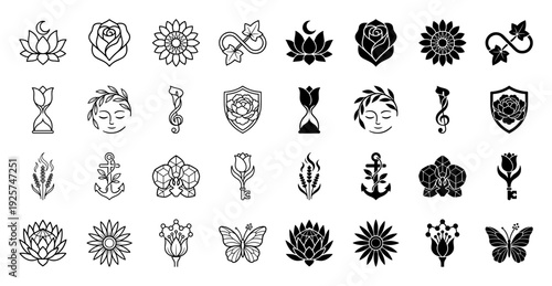 Collection of botanical hybrid icons featuring floral symbols merged with classical elements like anchors hourglasses musical notes and geometric shapes