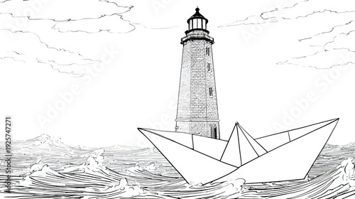 A black-and-white illustration of a paper boat sailing the waves near a lighthouse