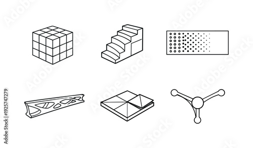 Line style icons of computational spatial systems: voxel space block, morphing staircase unit, gradient wall panel,