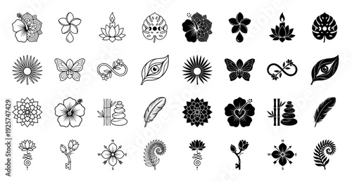 Zen hybrid symbol collection featuring mandala hibiscus flowers lotus candle unalome and tropical leaf designs in line art and solid silhouette styles