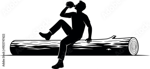 Silhouette of a person sitting on a log drinking from a bottle