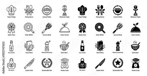 Professional culinary and botanical hybrid icon set featuring minimalist organic kitchen tools merged with garden elements in outline and solid styles