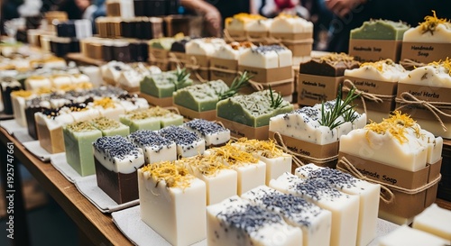 Artisanal soaps on display at a market stall