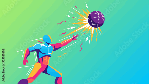 Dynamic Soccer Player Kicking Ball with Energy Bursts.