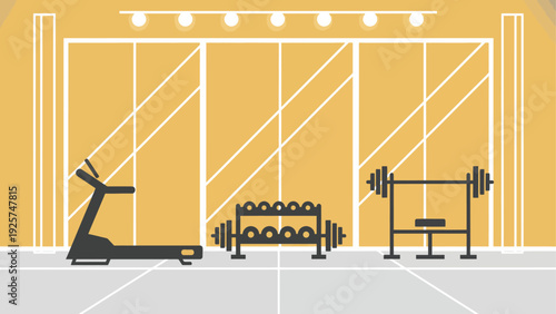 Gym equipment including treadmill, dumbbells, and barbell.