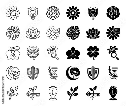Hybrid botanical icon set featuring floral symbols merged with conceptual metaphors like a lightbulb lily lotus meditator and rose diamond in line and solid style