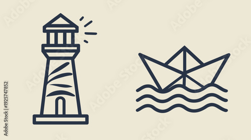 Stylized nautical illustration depicting a lighthouse, with light beams, and paper boat floating on waves