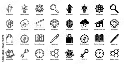 Collection of hybrid bamboo icons combining organic plant elements with functional symbols like tools and nature objects in outline and solid styles