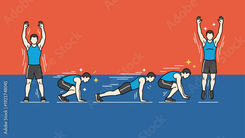 Man Performing Burpee Exercise Sequence Step By Step.