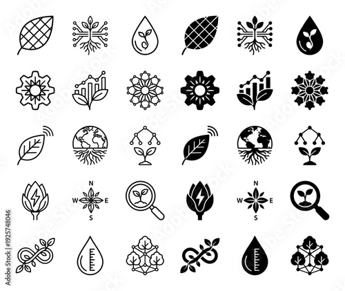 Collection of hybrid nature and technology icons featuring organic plant growth merged with digital circuit paths and sustainable energy symbols