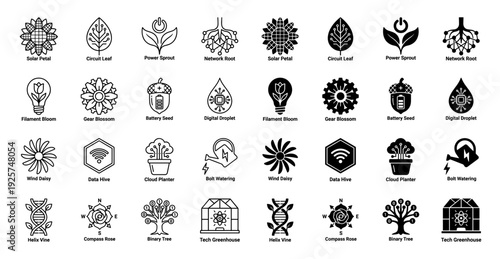 Hybrid icons merging organic nature elements with digital technology symbols featuring solar petals circuit leaves and network roots in line and solid styles