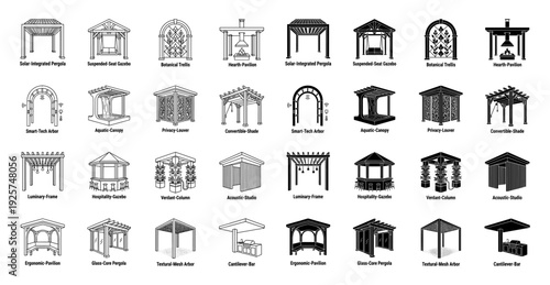 Collection of modern outdoor structure icons featuring hybrid architectural designs like solar pergolas smart arbors and botanical trellis systems