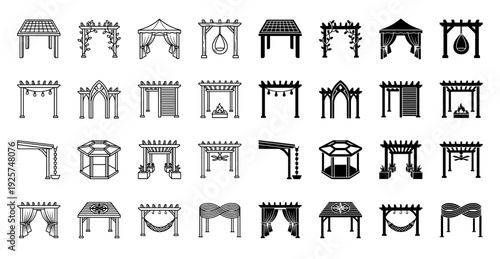Outdoor structure icon set featuring hybrid pergola designs with integrated hammock seating fire pit and garden gazebo elements in line and solid style