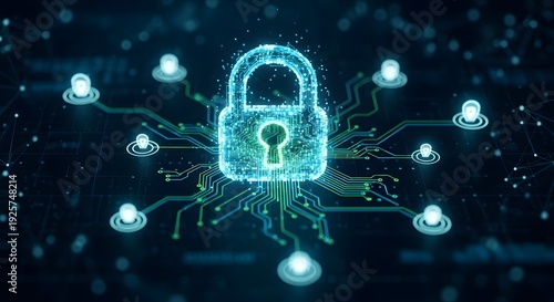 Digital lock and circuit board with glowing blue lights representing cybersecurity
