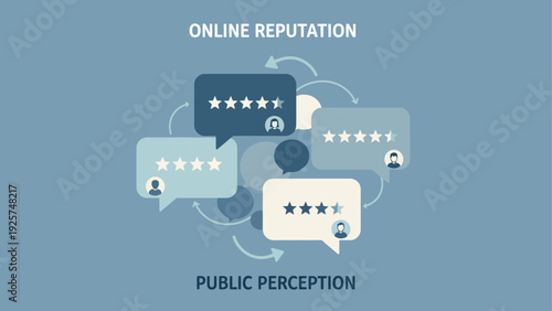 Online Reputation and Public Perception Illustrated with Star Ratings and Feedback Bubbles.