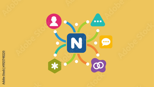 Network connections and digital communication icons around central logo.