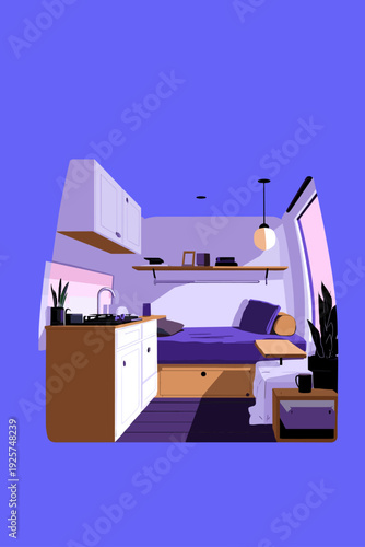 Cozy Minimal Camper Van Interior Cutaway