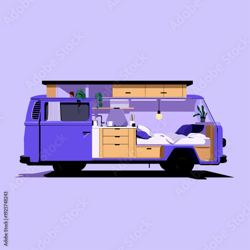 Cozy Minimal Camper Van Interior Cutaway