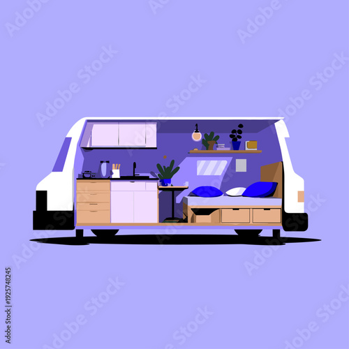 Cozy Minimal Camper Van Interior Cutaway