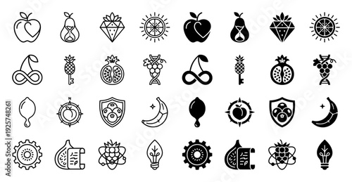 Abstract fruit hybrid icons merging organic shapes with conceptual symbols like hourglass pear diamond strawberry and gear kiwi in outline and solid styles