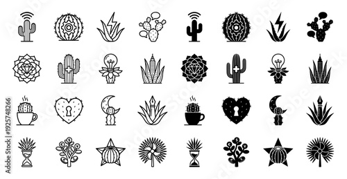 Abstract hybrid botanical icons merging desert cactus and succulent plants with diverse conceptual symbols like heart diamond and clock