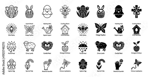 Easter and Spring themed hybrid icon collection featuring creative fusions like floral crosses butterfly foliage and avian nest symbols in line and solid style