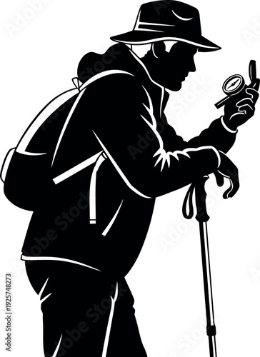 Silhouette of a hiker with backpack and trekking pole