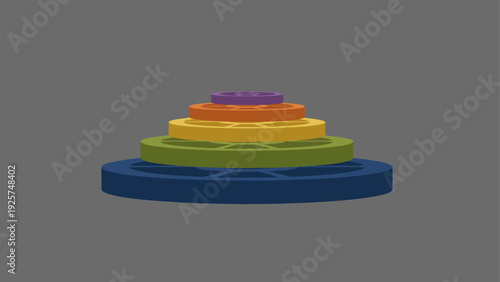 Stack of colorful weight plates arranged in a pyramid.