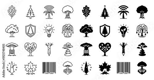 Collection of hybrid nature icons merging trees and foliage with diverse symbols like compass shield lightbulb heart book anchor and barcode