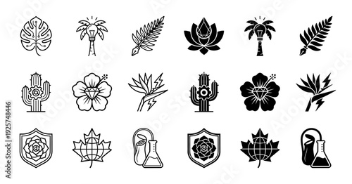 Collection of hybrid botanical icons merging nature with industry featuring cactus gear hibiscus diamond palm bulb and maple leaf globe symbols