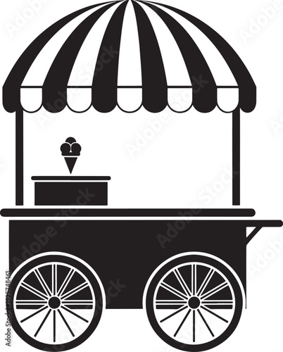 Clean black and white vector drawing of a striped awning ice cream stand with a cone, symbolizing sweet summer treats.