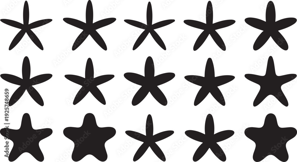 Obraz premium Fifteen black silhouette starfish arranged in three rows on a white background marine life